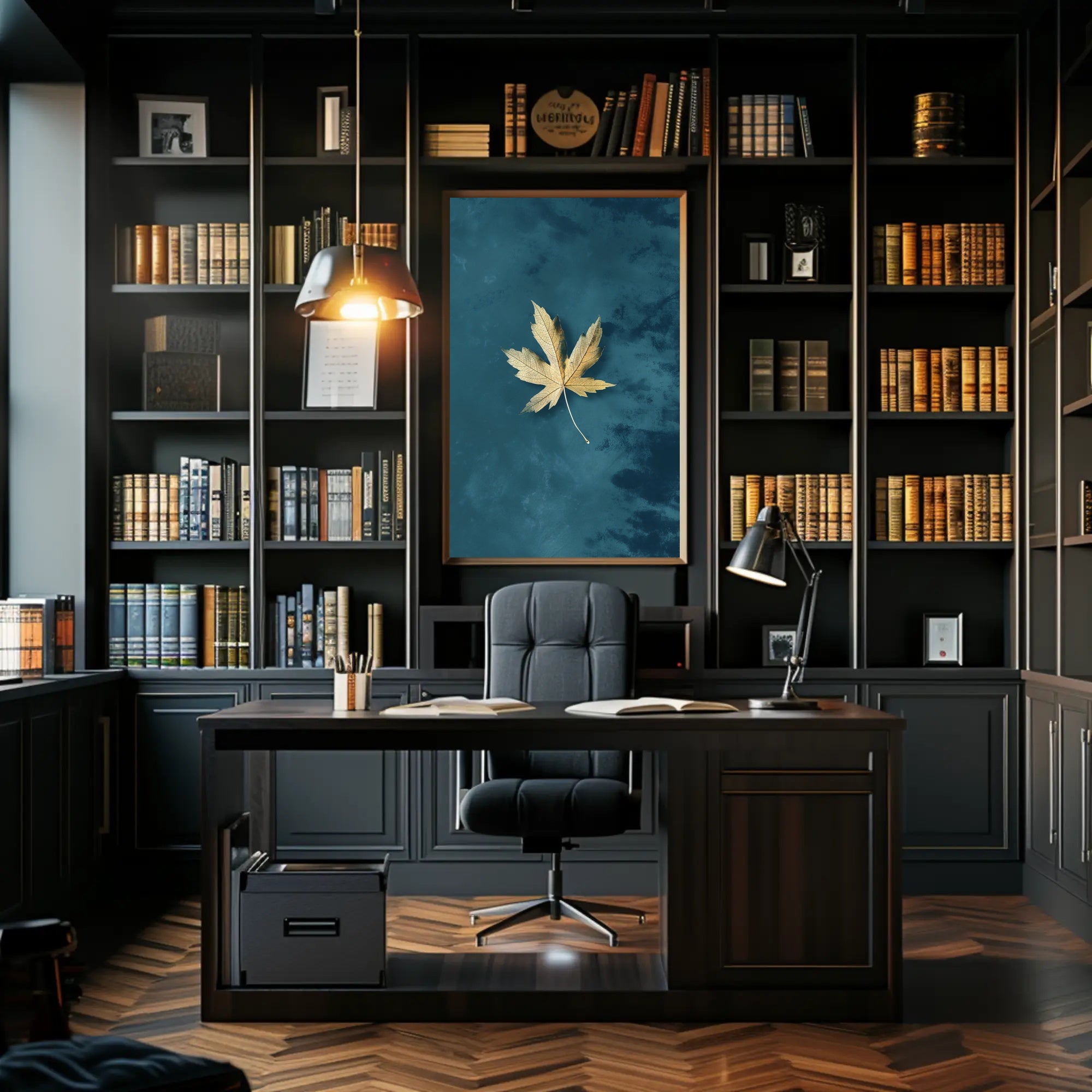 Golden Leaf on Teal Modern Artistic Poster PosterGoat