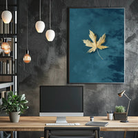 Golden Leaf on Teal Modern Artistic Poster PosterGoat