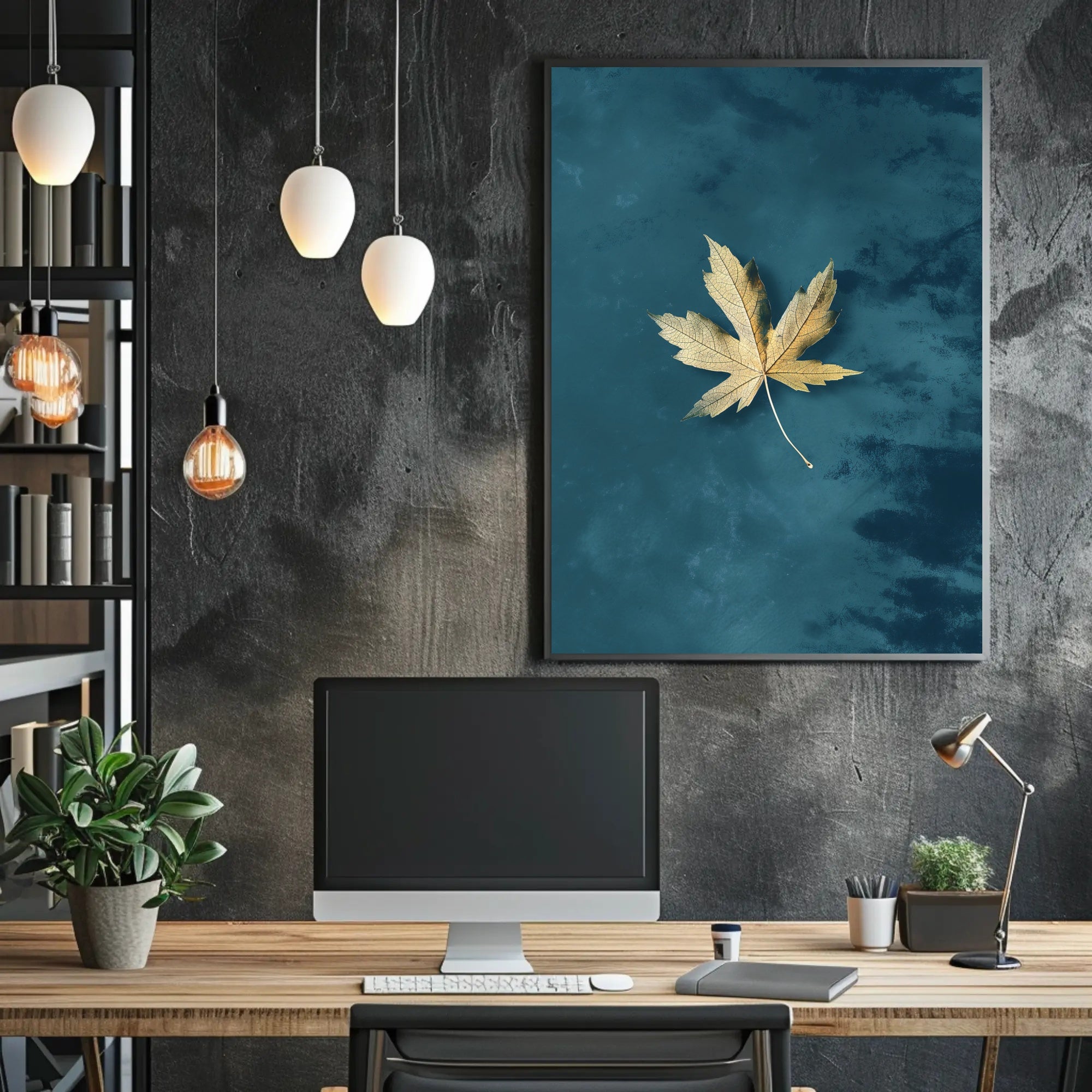 Golden Leaf on Teal Modern Artistic Poster PosterGoat