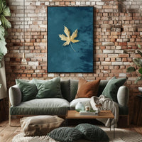 Golden Leaf on Teal Modern Artistic Poster PosterGoat