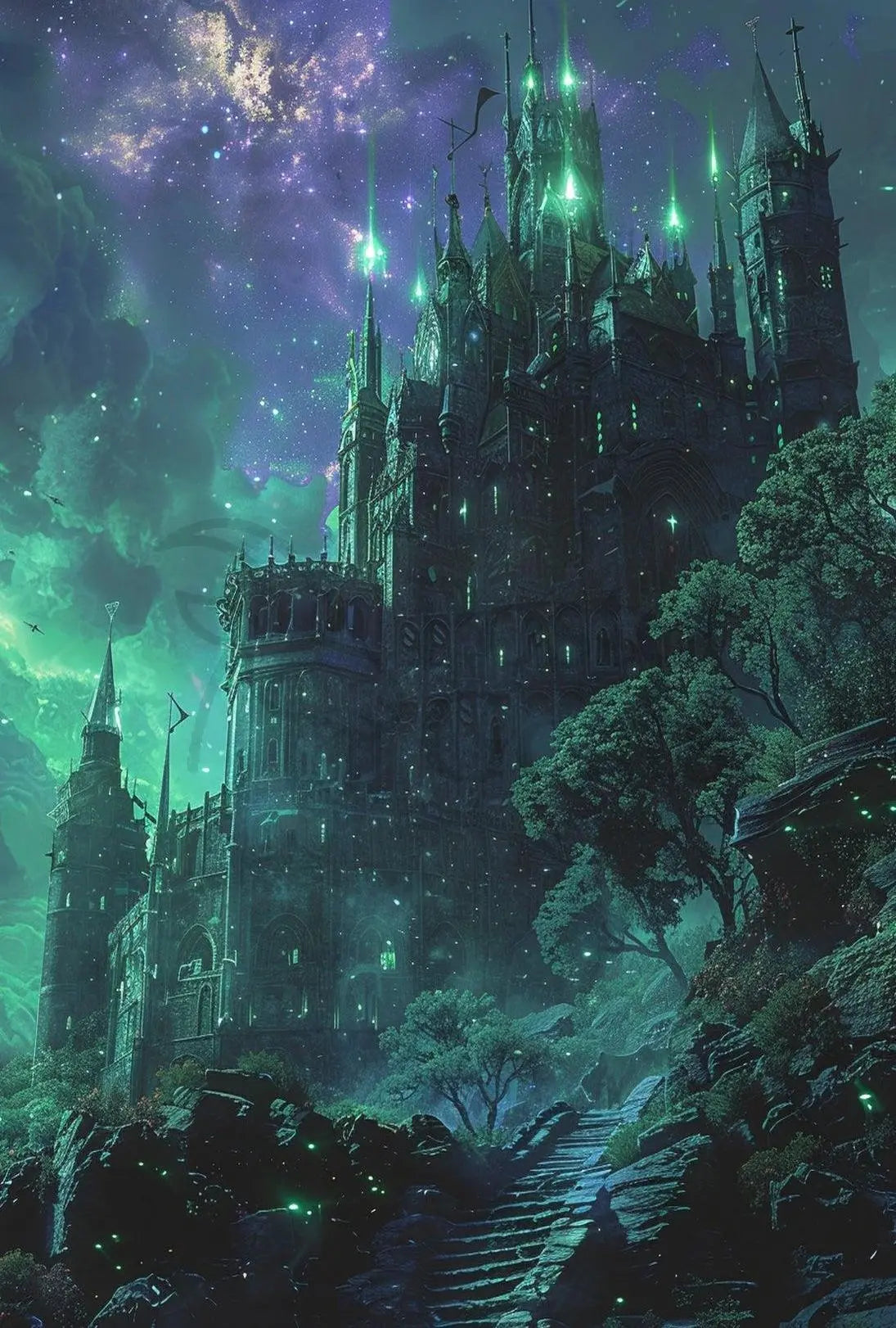 Gothic Castle Under Stars Fantasy Artistic Poster PosterGoat