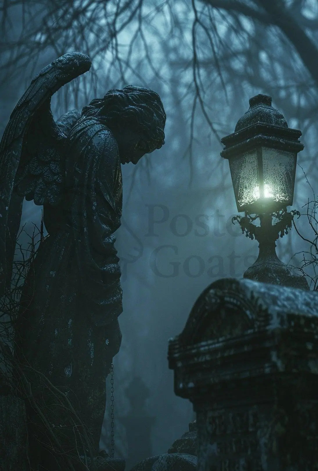 Gothic Cemetery Scene with Angel Statue Art Poster PosterGoat