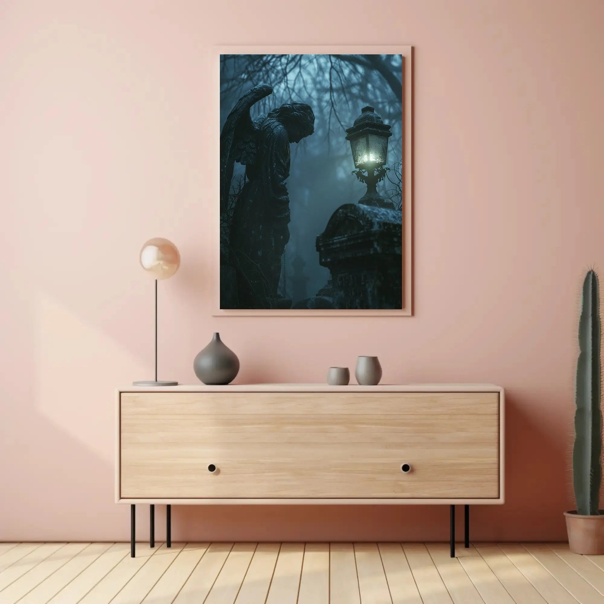 Gothic Cemetery Scene with Angel Statue Art Poster PosterGoat
