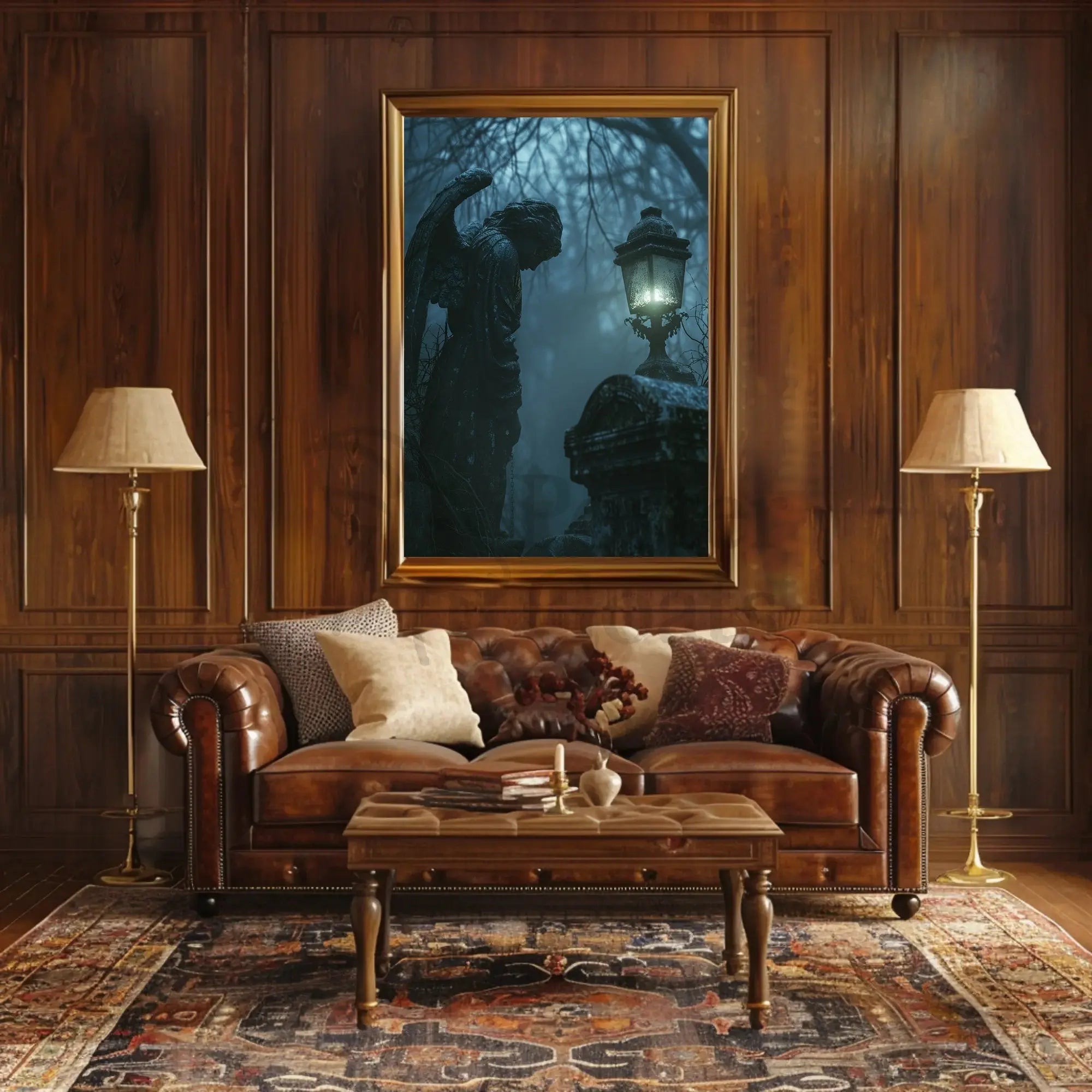 Gothic Cemetery Scene with Angel Statue Art Poster PosterGoat
