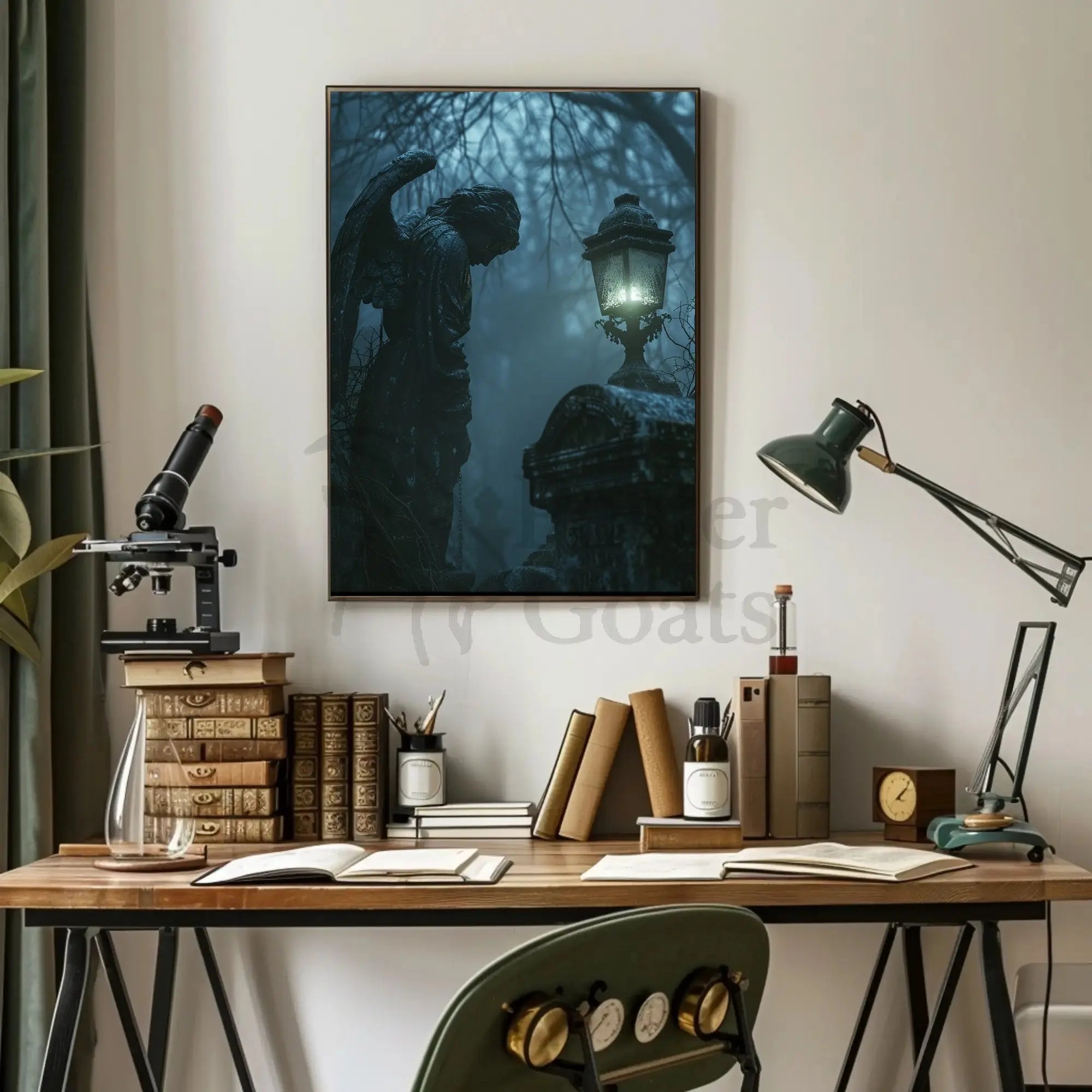 Gothic Cemetery Scene with Angel Statue Art Poster PosterGoat