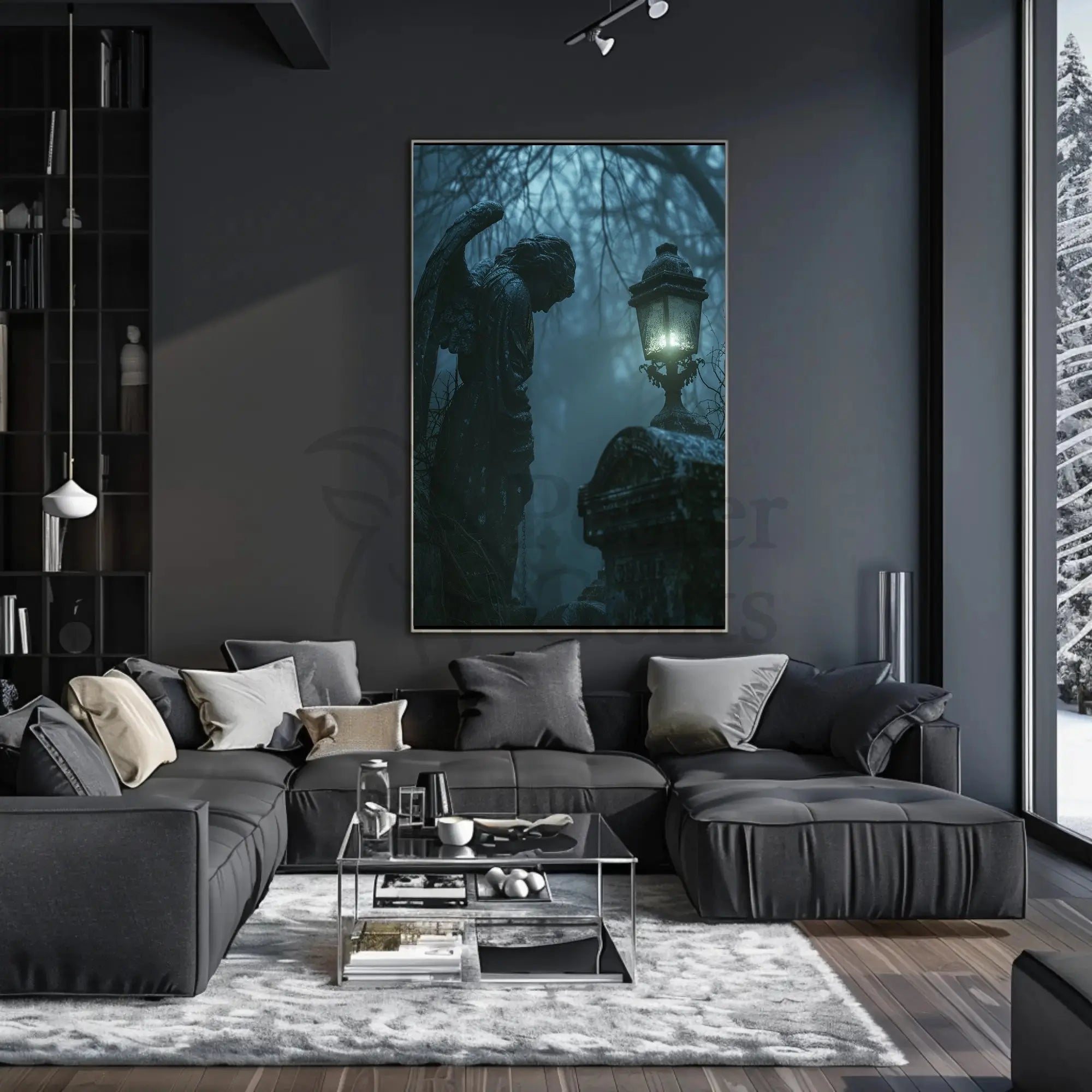 Gothic Cemetery Scene with Angel Statue Art Poster PosterGoat