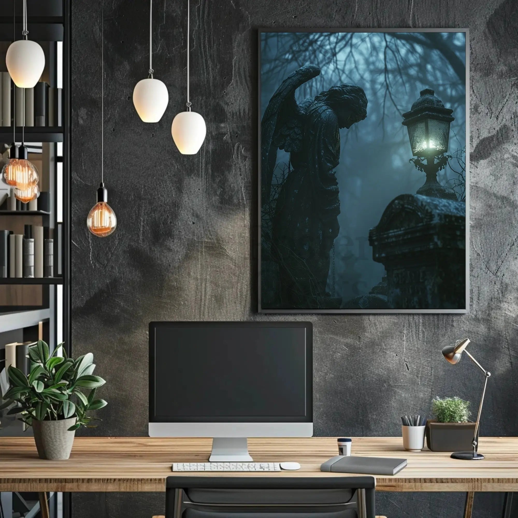 Gothic Cemetery Scene with Angel Statue Art Poster PosterGoat