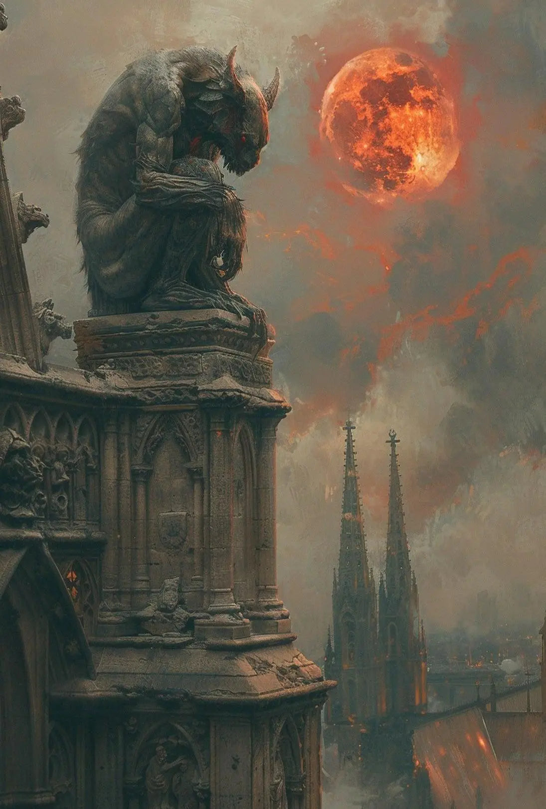 Gothic Fantasy Gargoyle with Red Moon Artistic Poster PosterGoat