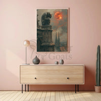 Gothic Fantasy Gargoyle with Red Moon Artistic Poster PosterGoat