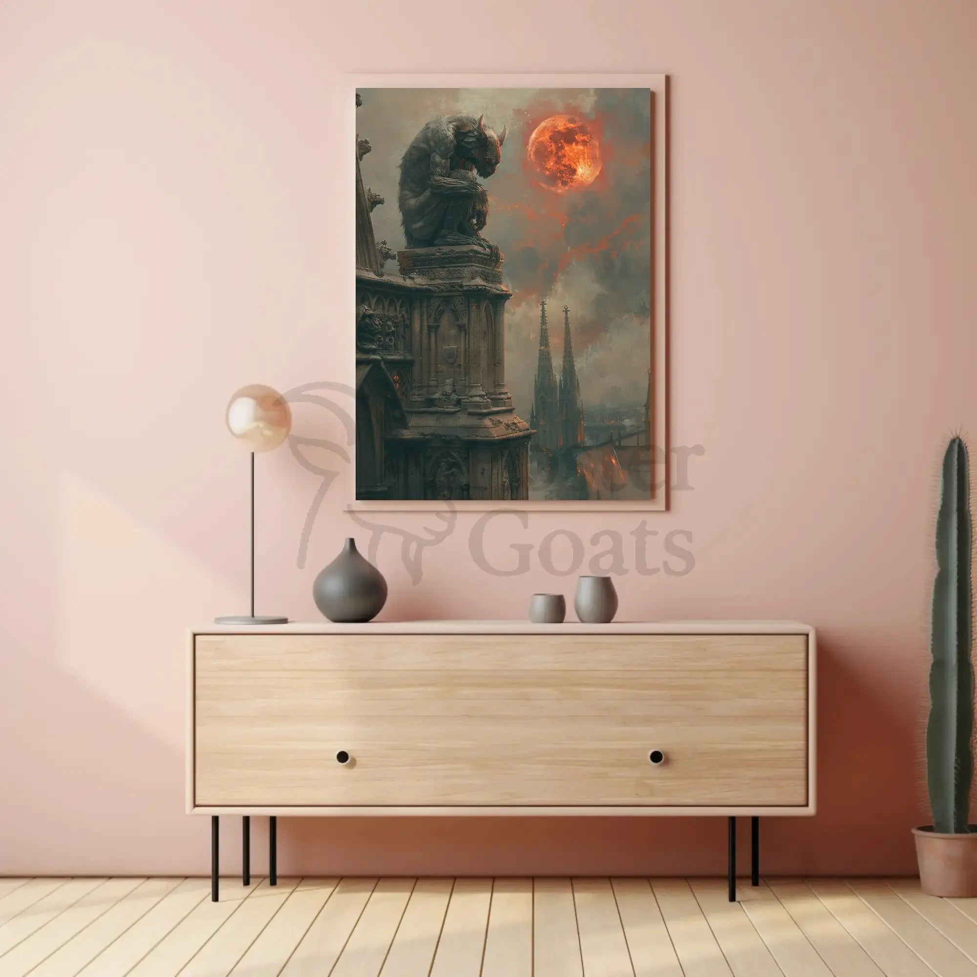 Gothic Fantasy Gargoyle with Red Moon Artistic Poster PosterGoat