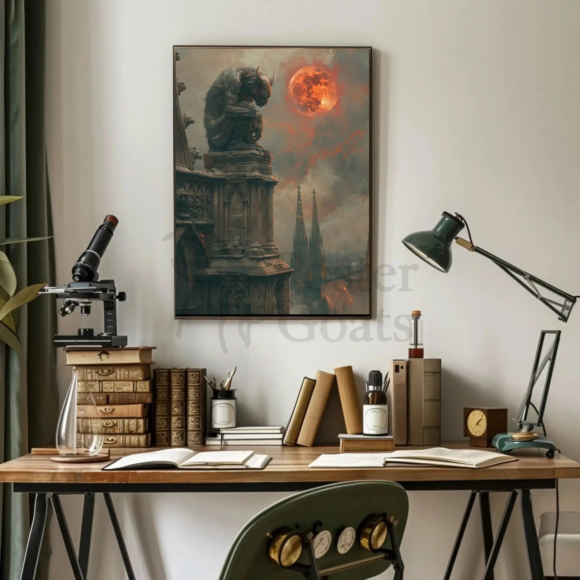 Gothic Fantasy Gargoyle with Red Moon Artistic Poster PosterGoat