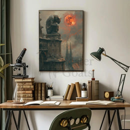 Gothic Fantasy Gargoyle with Red Moon Artistic Poster PosterGoat