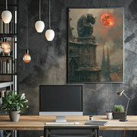 Gothic Fantasy Gargoyle with Red Moon Artistic Poster PosterGoat