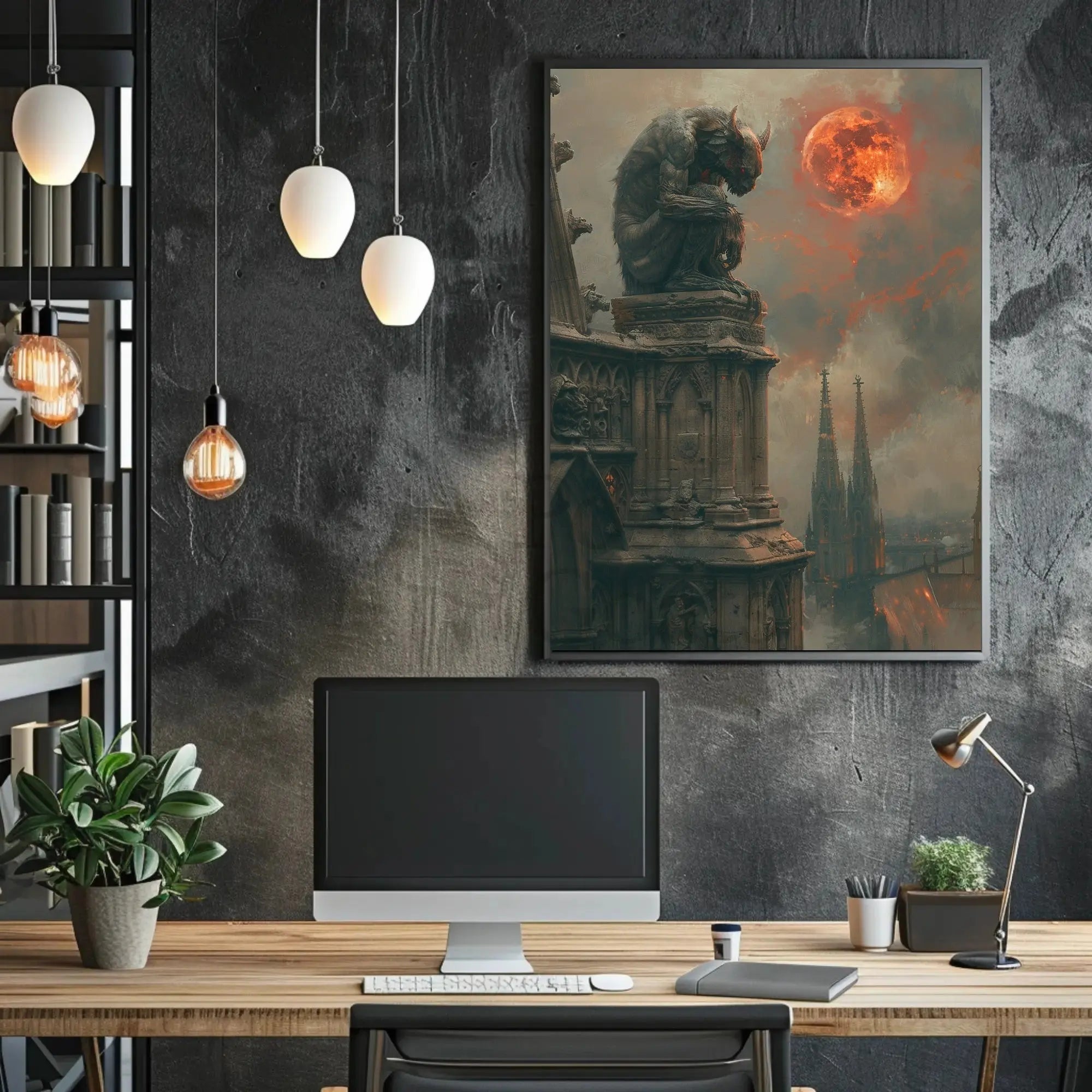 Gothic Fantasy Gargoyle with Red Moon Artistic Poster PosterGoat