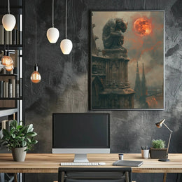 Gothic Fantasy Gargoyle with Red Moon Artistic Poster PosterGoat