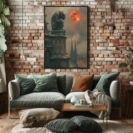 Gothic Fantasy Gargoyle with Red Moon Artistic Poster PosterGoat