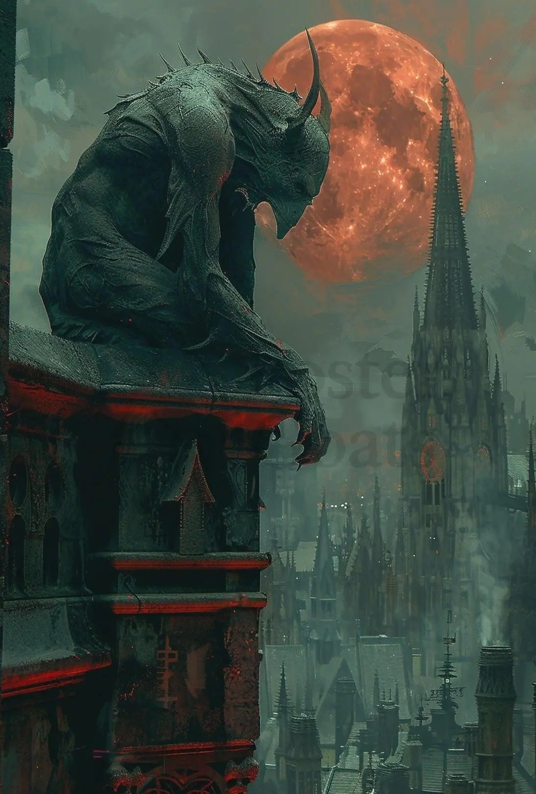 Gothic Gargoyle Over Cityscape Fantasy Art Poster PosterGoat