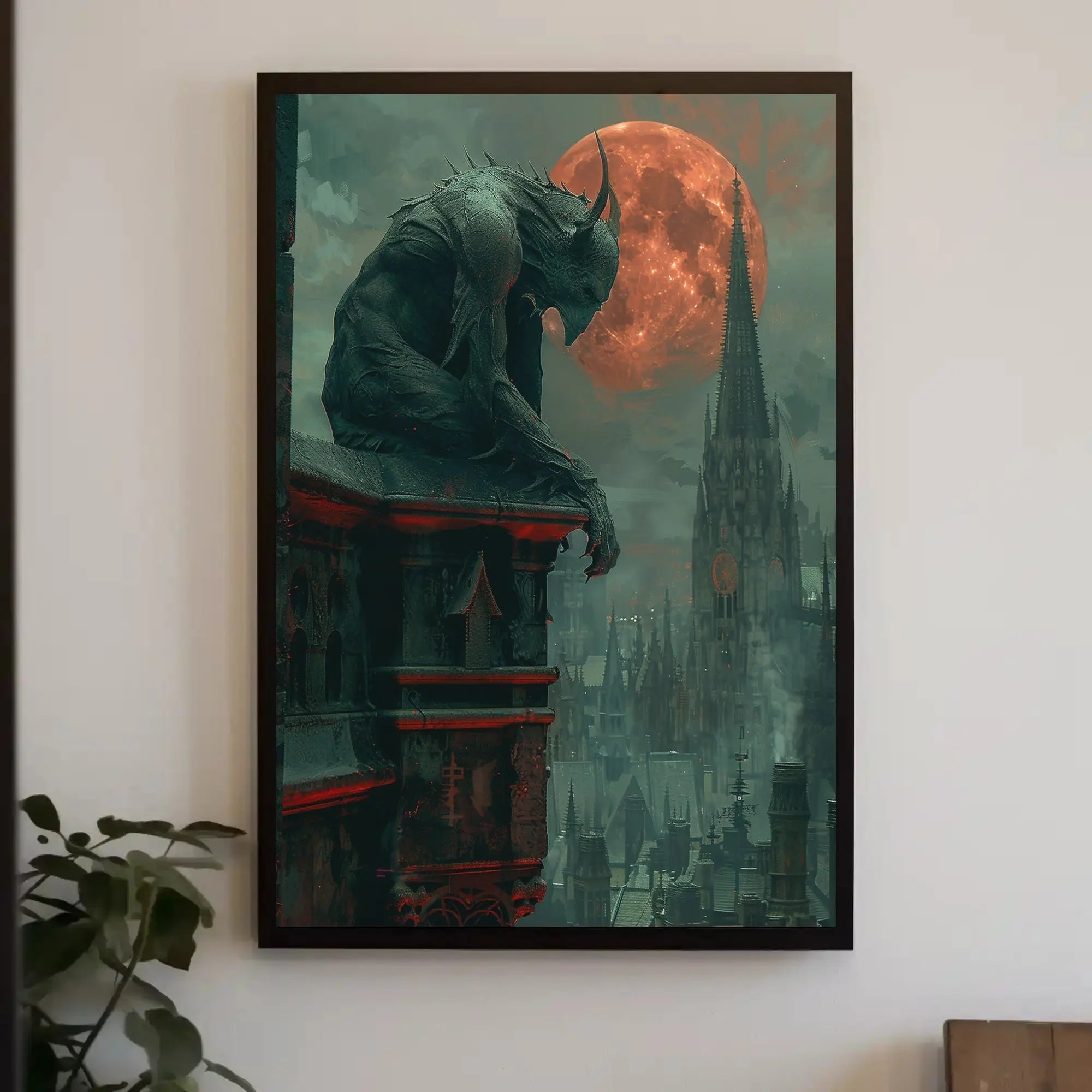 Gothic Gargoyle Over Cityscape Fantasy Art Poster PosterGoat