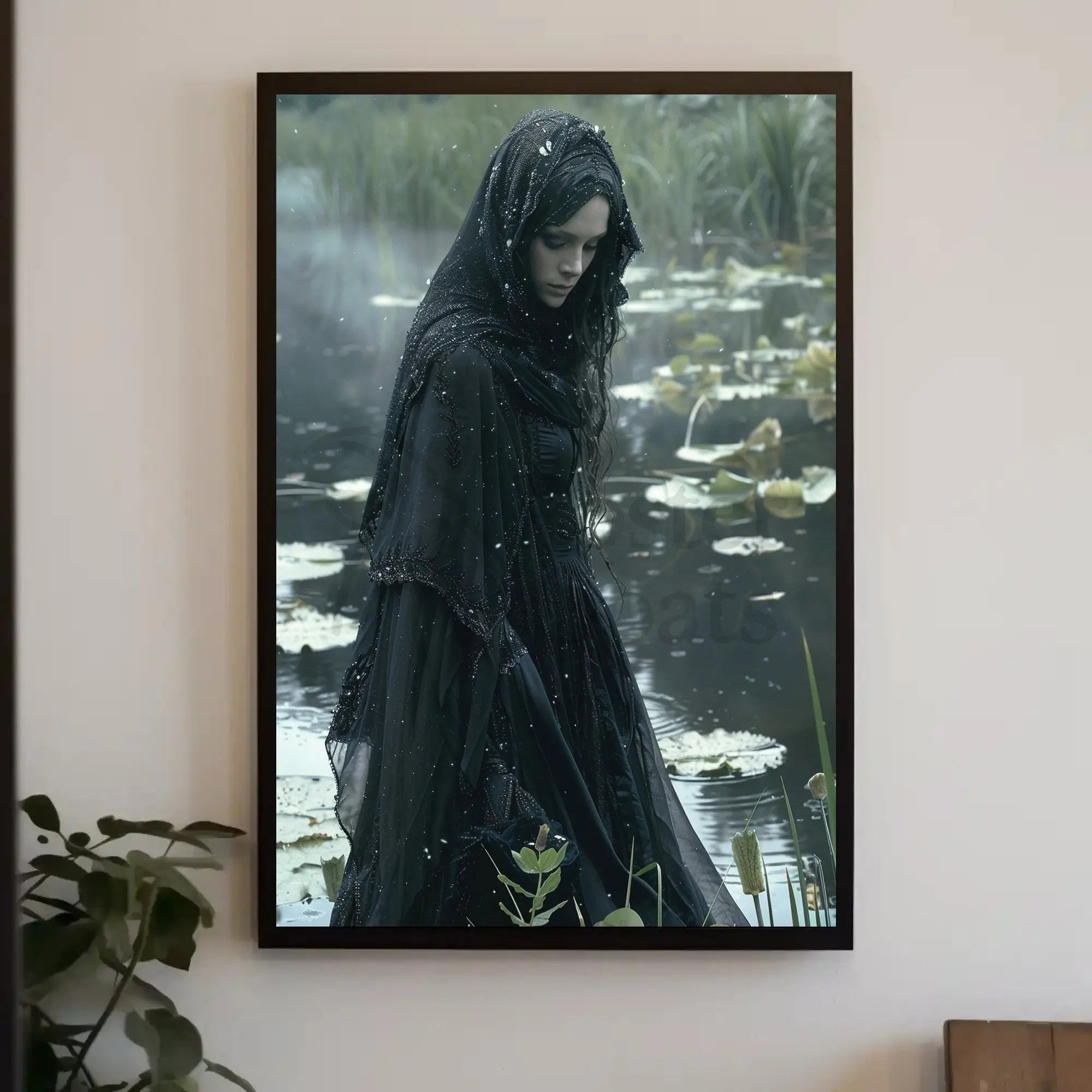 Gothic Lady by Water Lily Pond: Artistic Poster PosterGoat