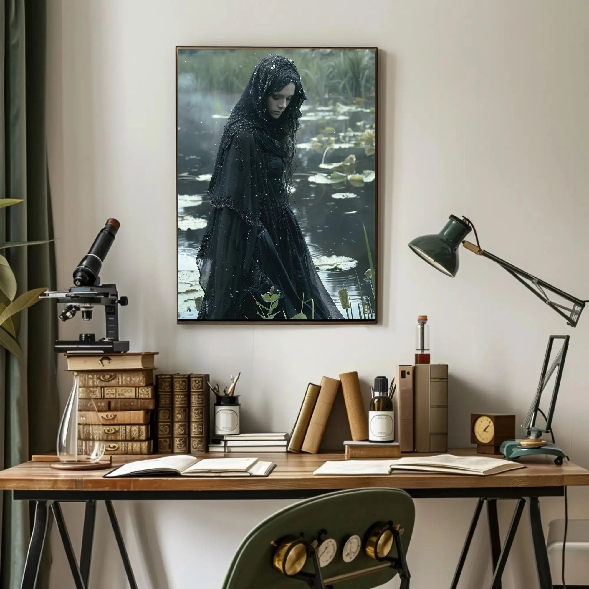 Gothic Lady by Water Lily Pond: Artistic Poster PosterGoat