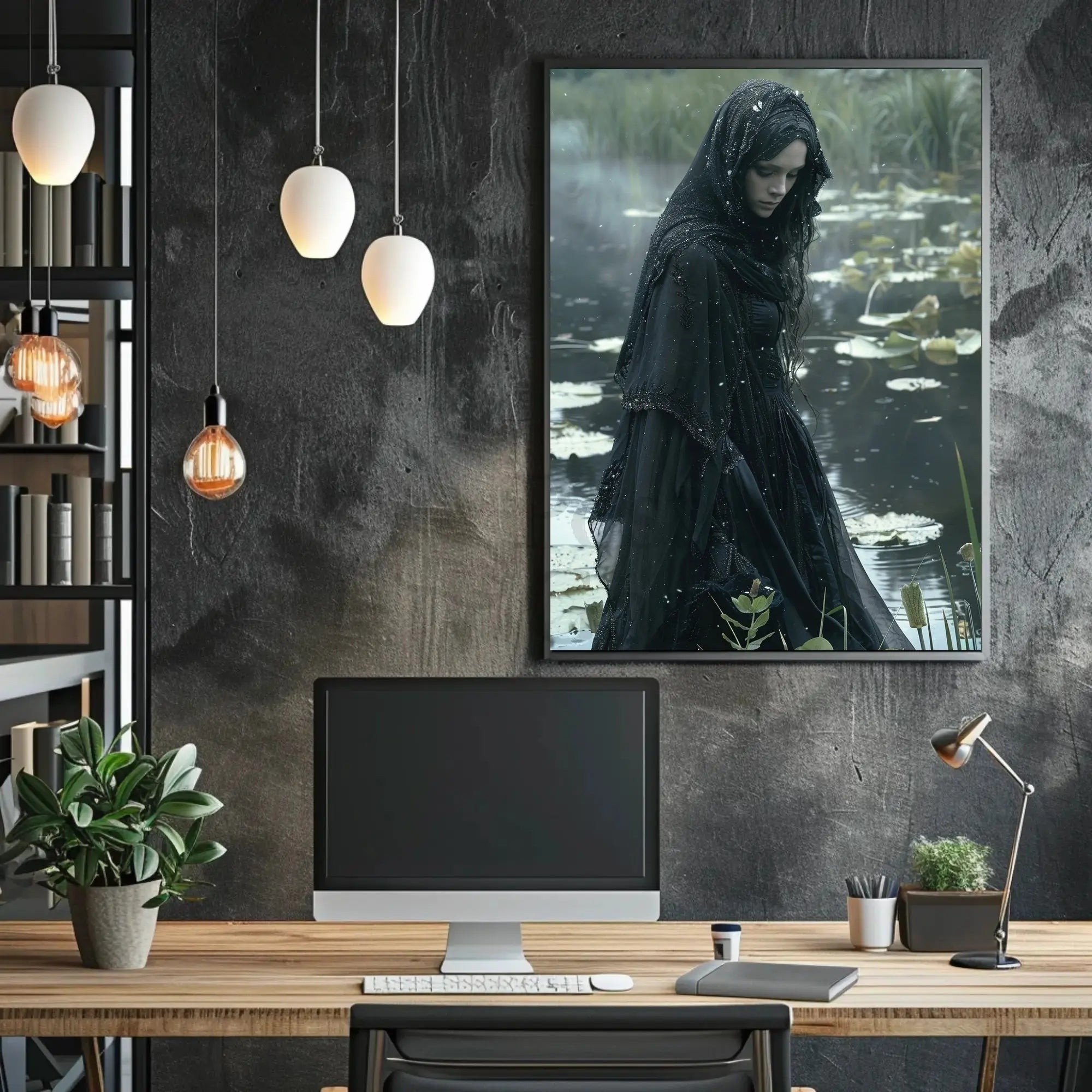 Gothic Lady by Water Lily Pond: Artistic Poster PosterGoat