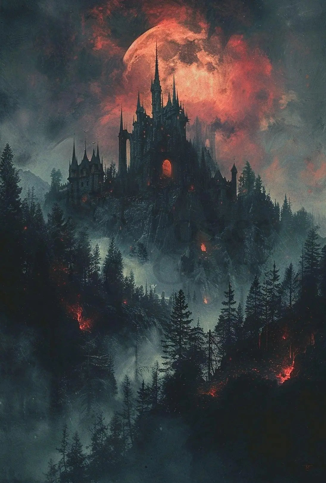 Gothic Medieval Castle on Moonlit Night Artistic Poster PosterGoat