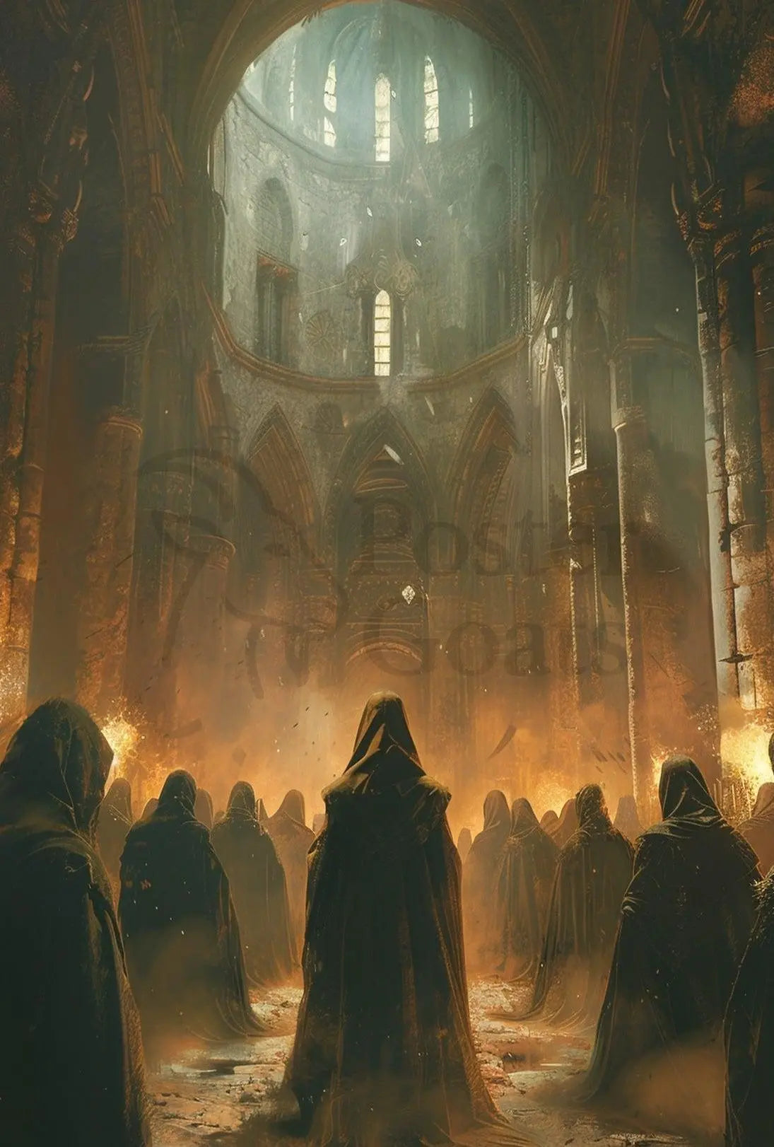 Gothic Mystery Gathering in Cathedral - Artistic Poster PosterGoat