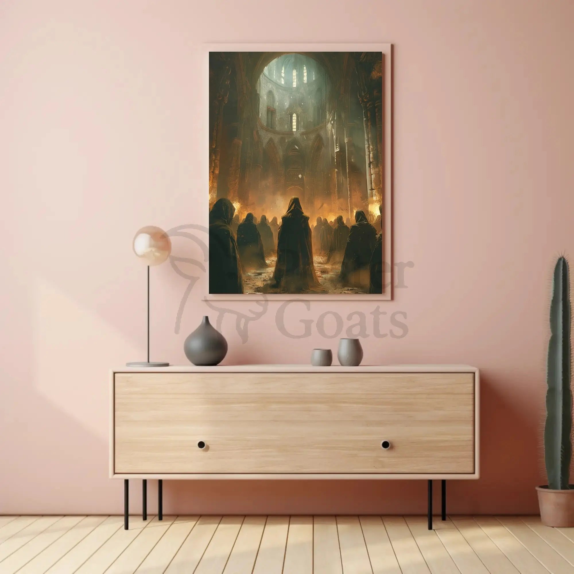 Gothic Mystery Gathering in Cathedral - Artistic Poster PosterGoat