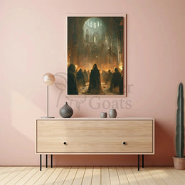 Gothic Mystery Gathering in Cathedral - Artistic Poster PosterGoat