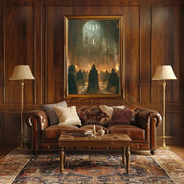 Gothic Mystery Gathering in Cathedral - Artistic Poster PosterGoat