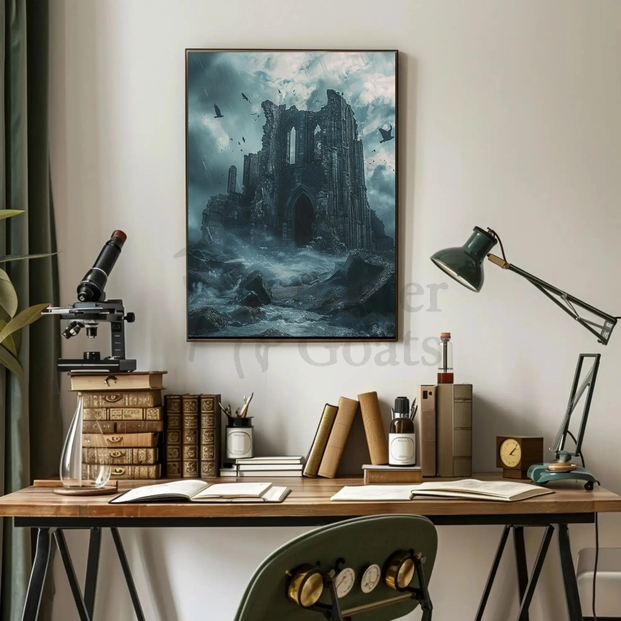 Gothic Ruins in Stormy Seas Artistic Poster PosterGoat