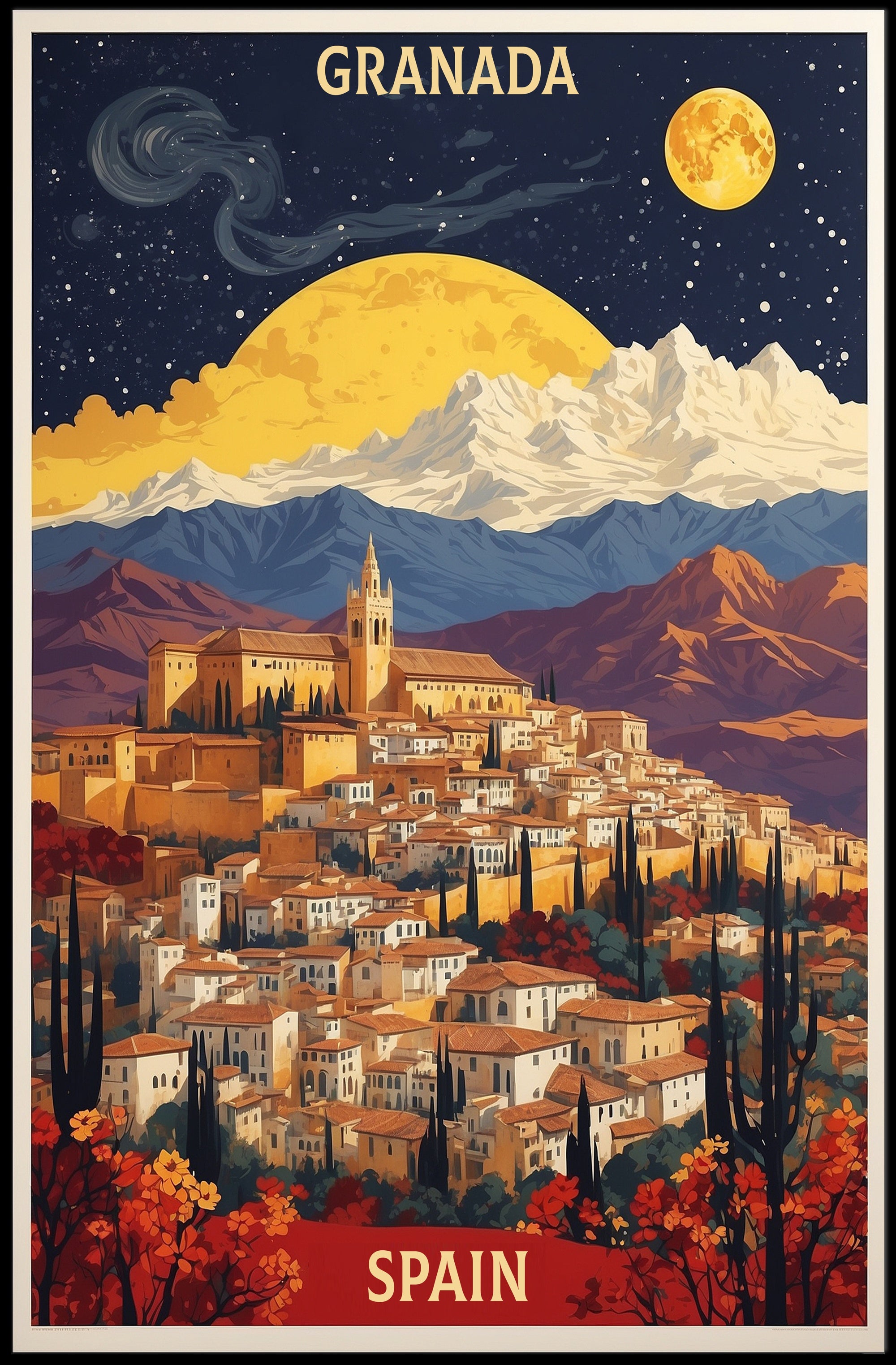 Granada Nightscape Art with Dreamlike Vintage Cityscape Poster PosterGoat