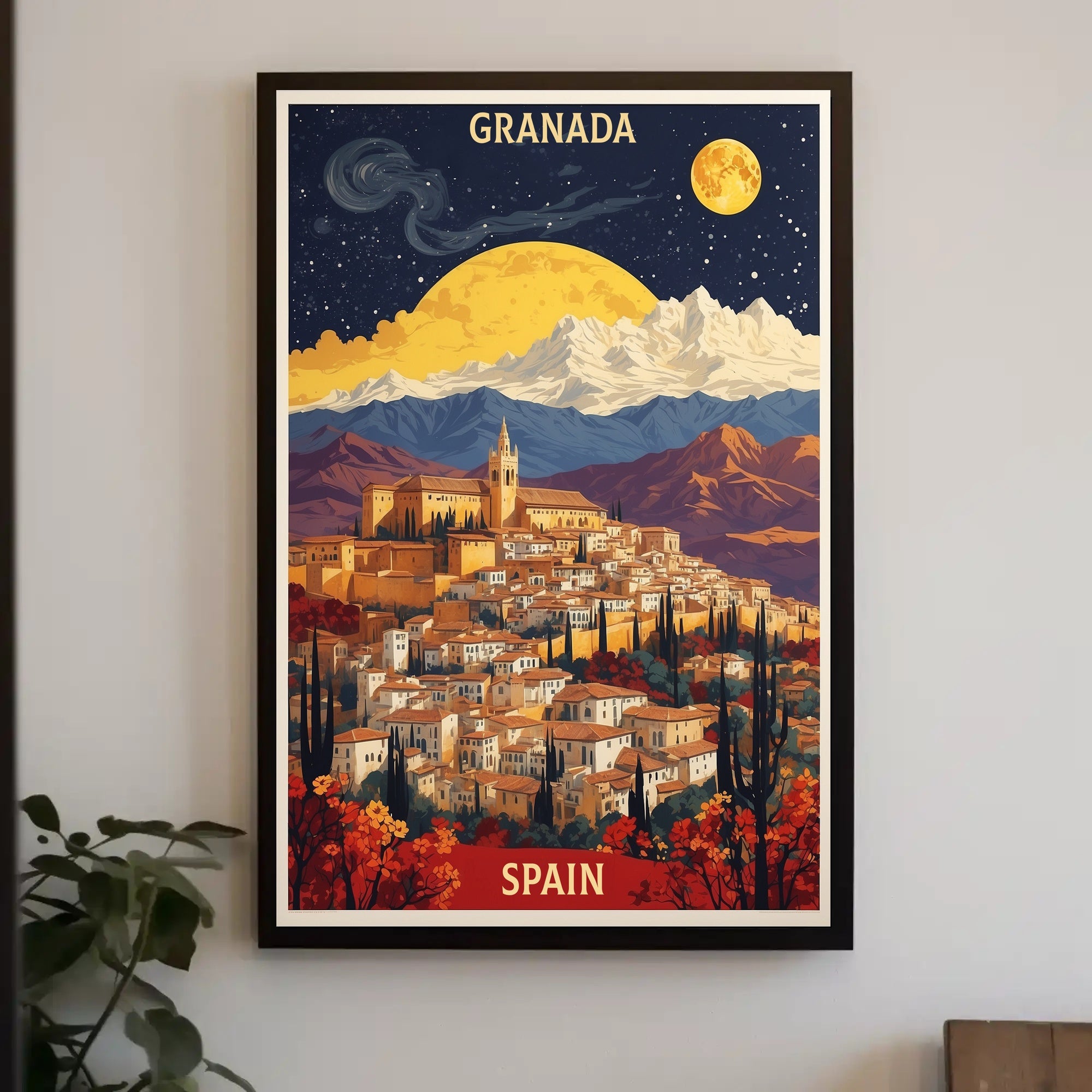 Granada Nightscape Art with Dreamlike Vintage Cityscape Poster PosterGoat