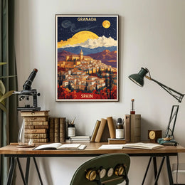 Granada Nightscape Art with Dreamlike Vintage Cityscape Poster PosterGoat