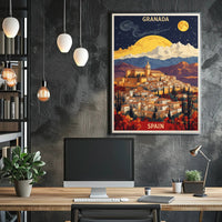 Granada Nightscape Art with Dreamlike Vintage Cityscape Poster PosterGoat