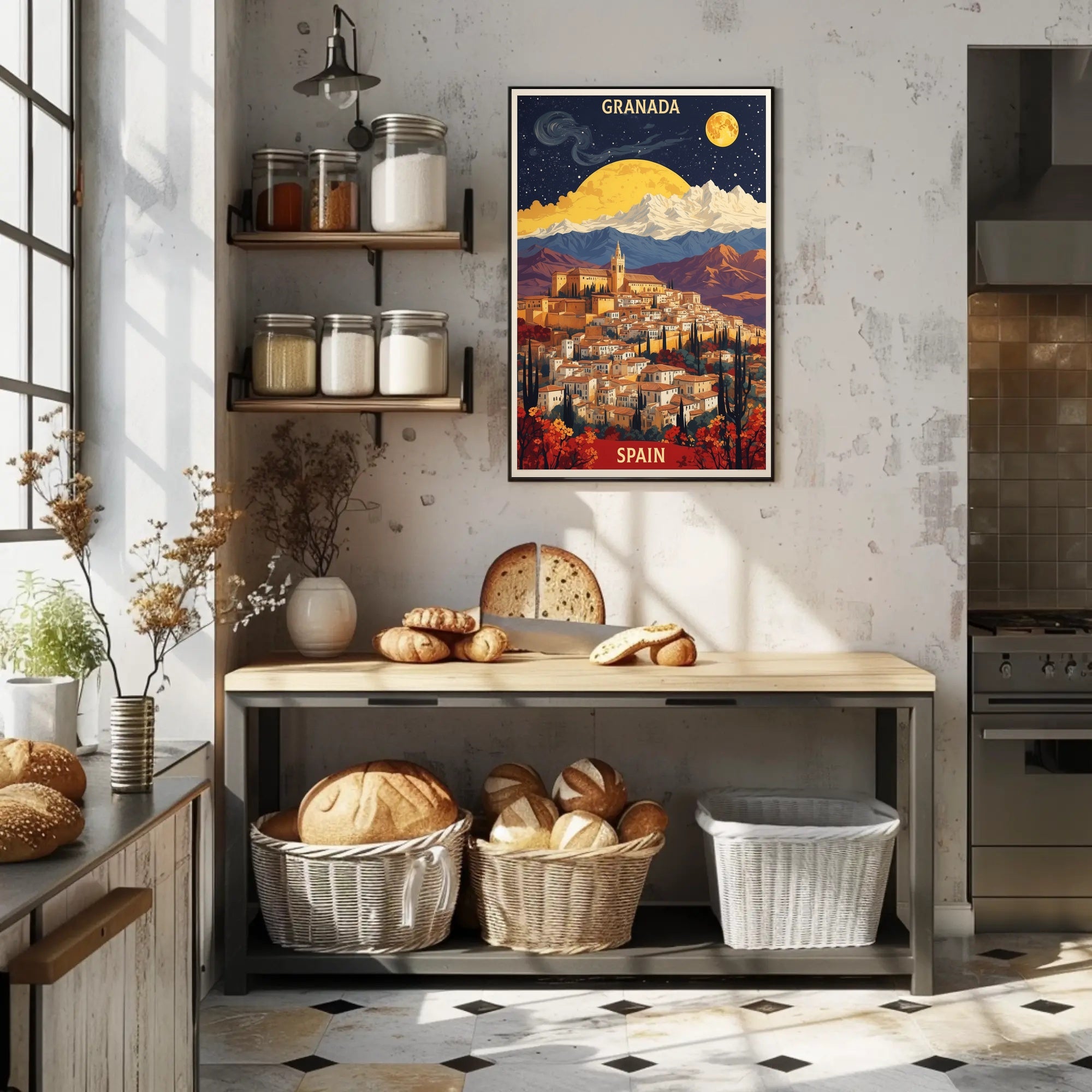 Granada Nightscape Art with Dreamlike Vintage Cityscape Poster PosterGoat