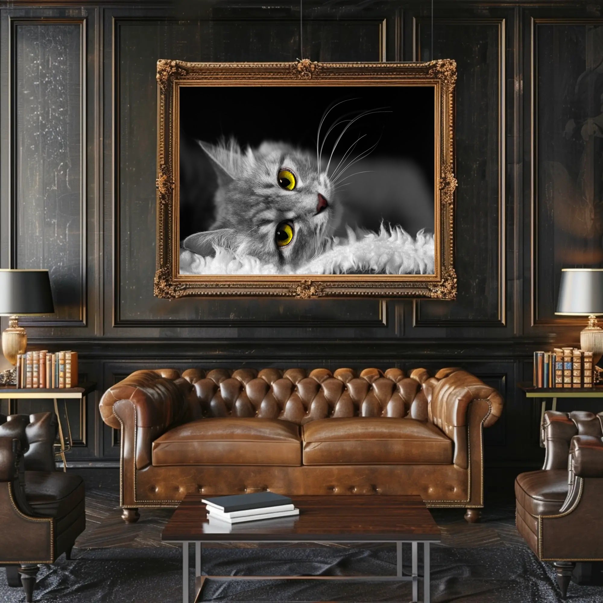 Gray Cat with Yellow Eyes at Rest - Animal Poster PosterGoat
