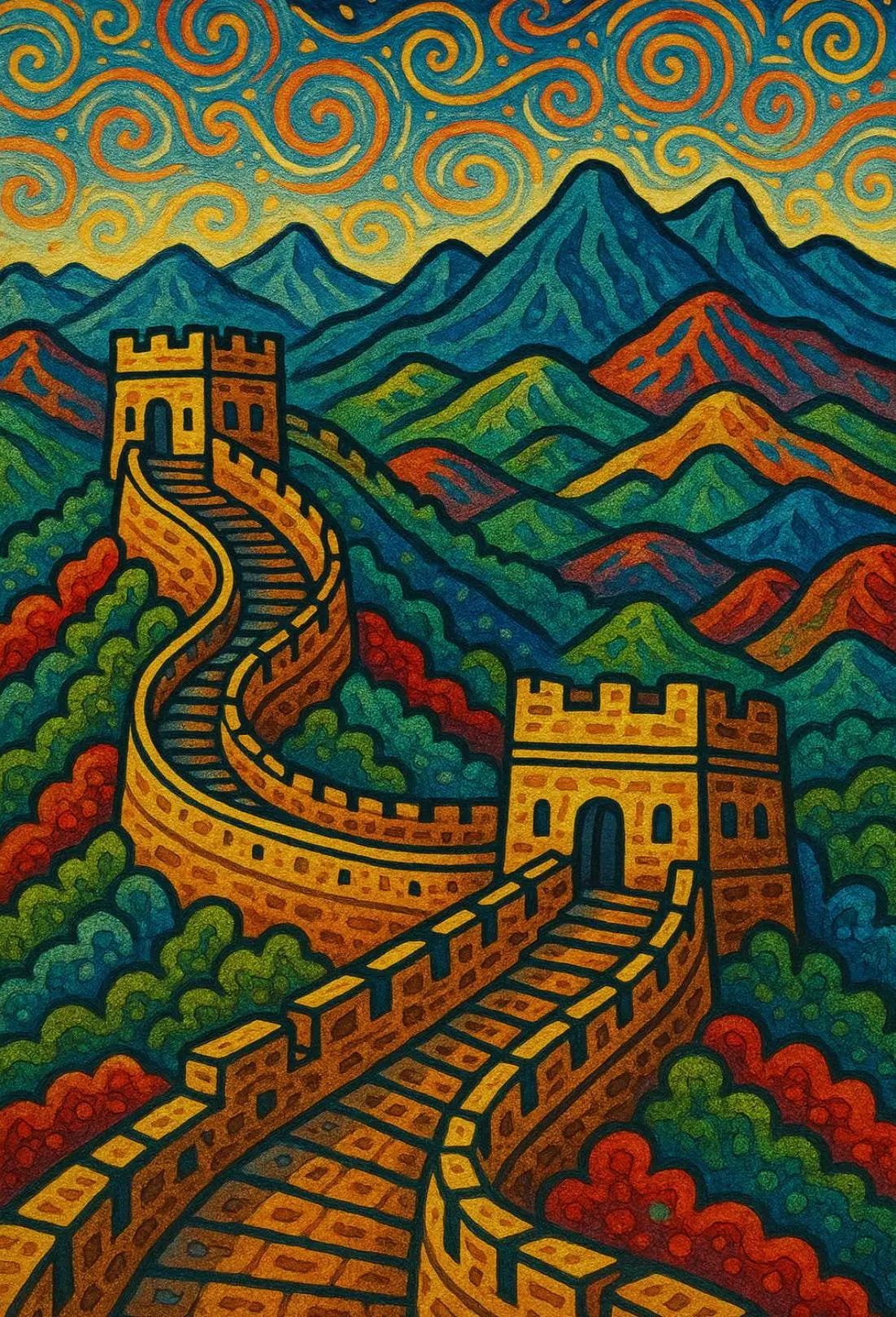 Great Wall of China Post-Impressionistic Cultural Poster PosterGoat