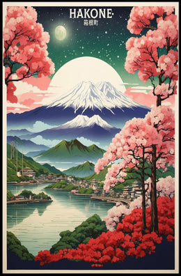 Hakone Cherry Blossoms and Mountains Travel Poster PosterGoat