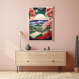 Hakone Cherry Blossoms and Mountains Travel Poster PosterGoat