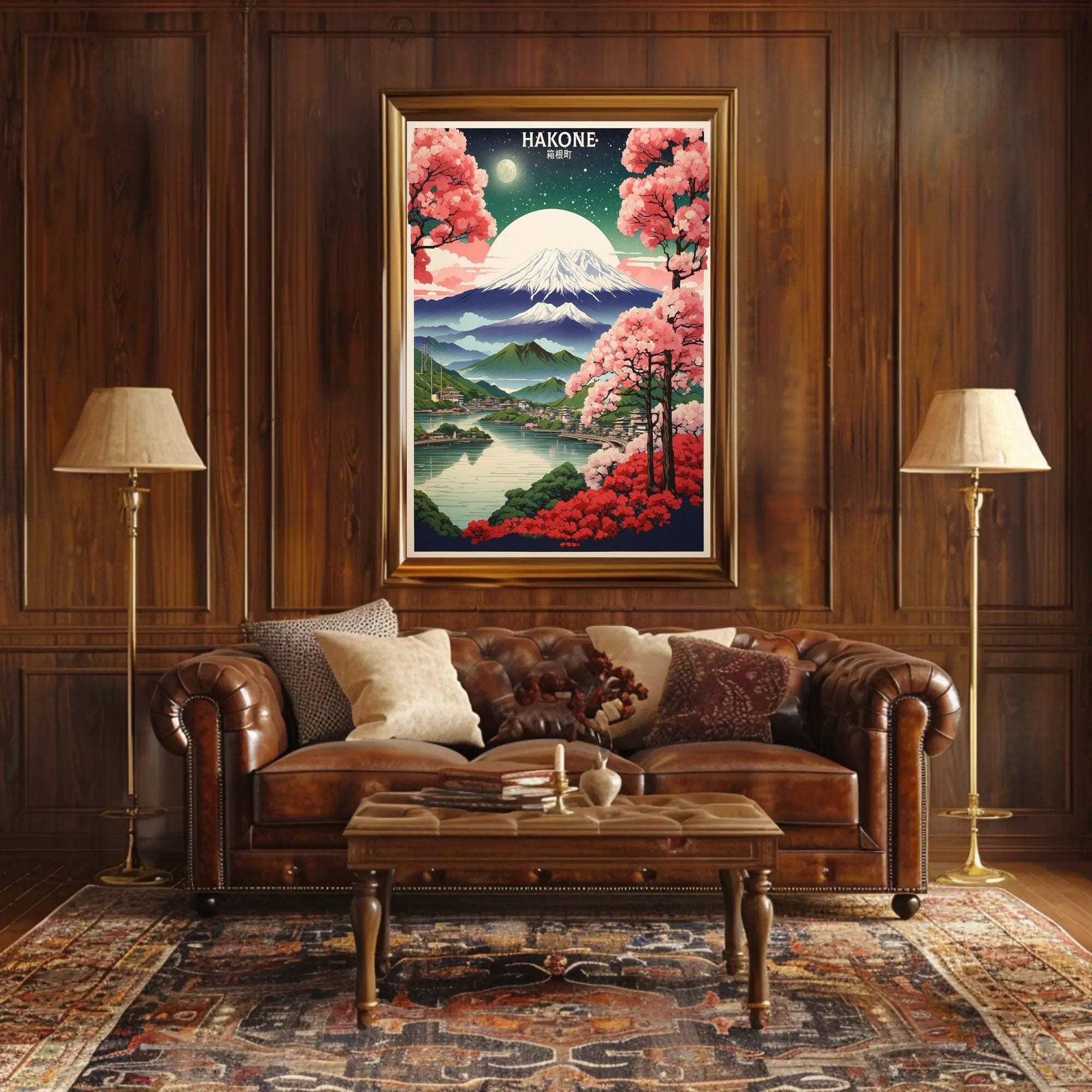 Hakone Cherry Blossoms and Mountains Travel Poster PosterGoat