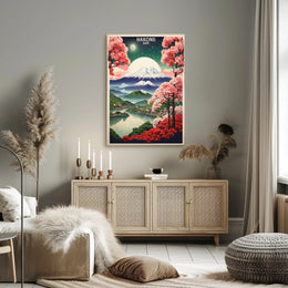 Hakone Cherry Blossoms and Mountains Travel Poster PosterGoat