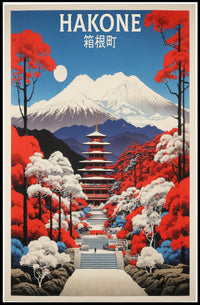 Hakone Vintage Travel Art with Pagoda and Mountains Poster PosterGoat
