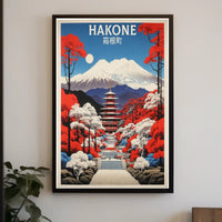 Hakone Vintage Travel Art with Pagoda and Mountains Poster PosterGoat