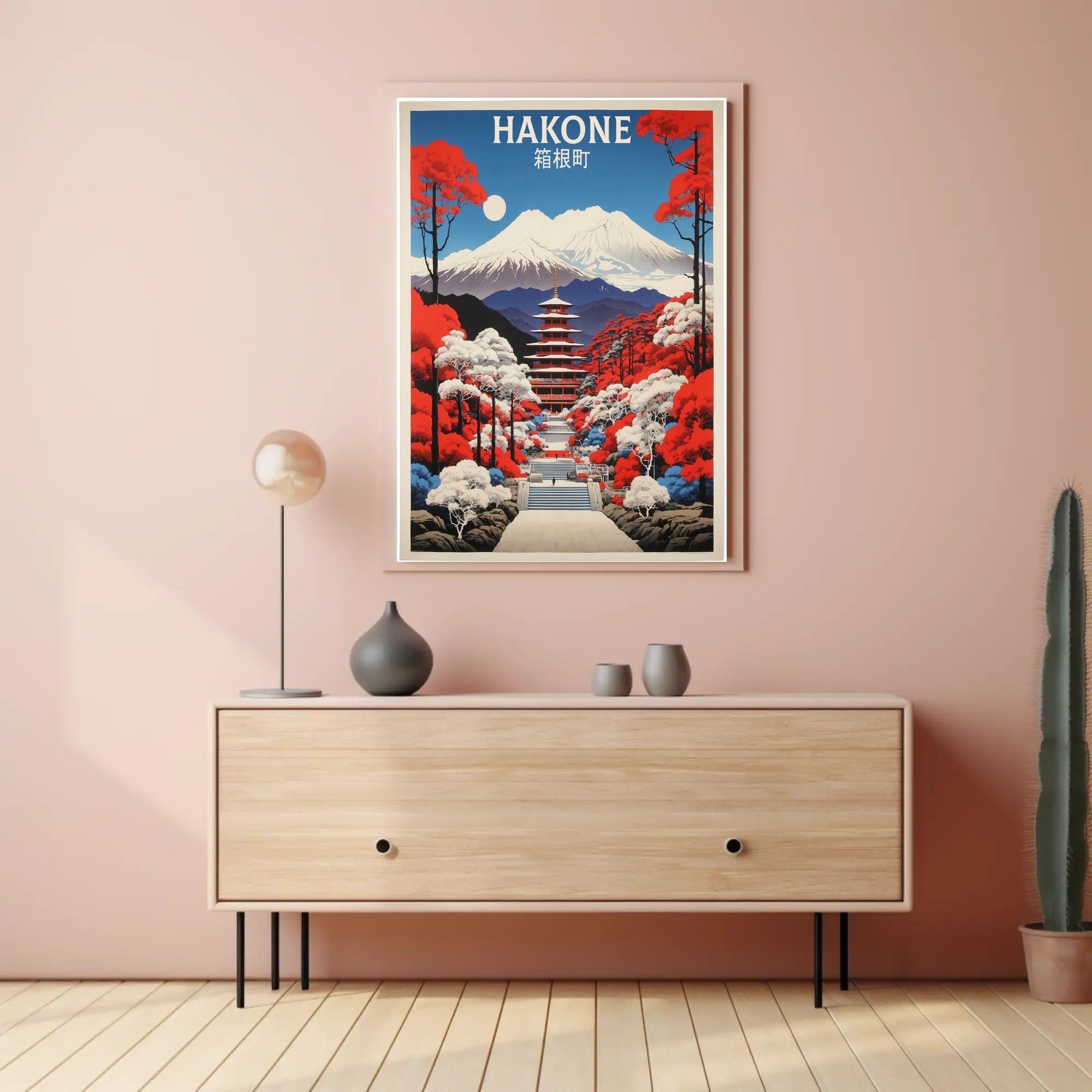Hakone Vintage Travel Art with Pagoda and Mountains Poster PosterGoat