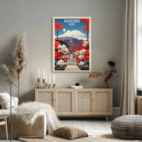 Hakone Vintage Travel Art with Pagoda and Mountains Poster PosterGoat