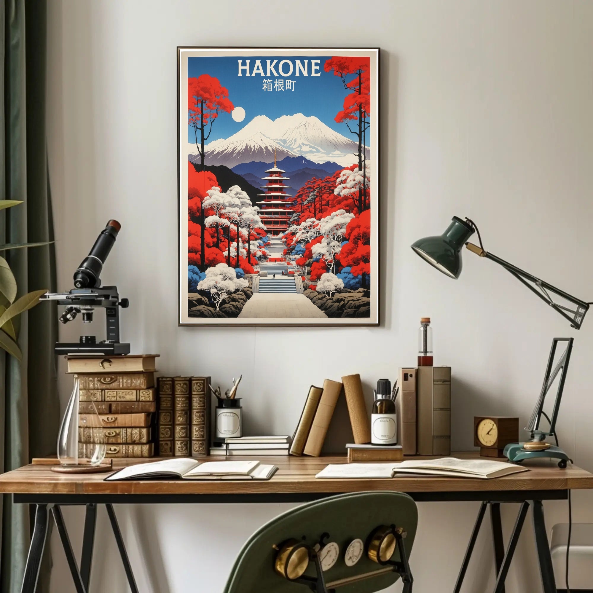 Hakone Vintage Travel Art with Pagoda and Mountains Poster PosterGoat