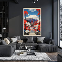 Hakone Vintage Travel Art with Pagoda and Mountains Poster PosterGoat