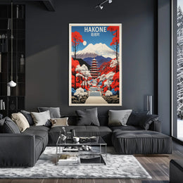 Hakone Vintage Travel Art with Pagoda and Mountains Poster PosterGoat