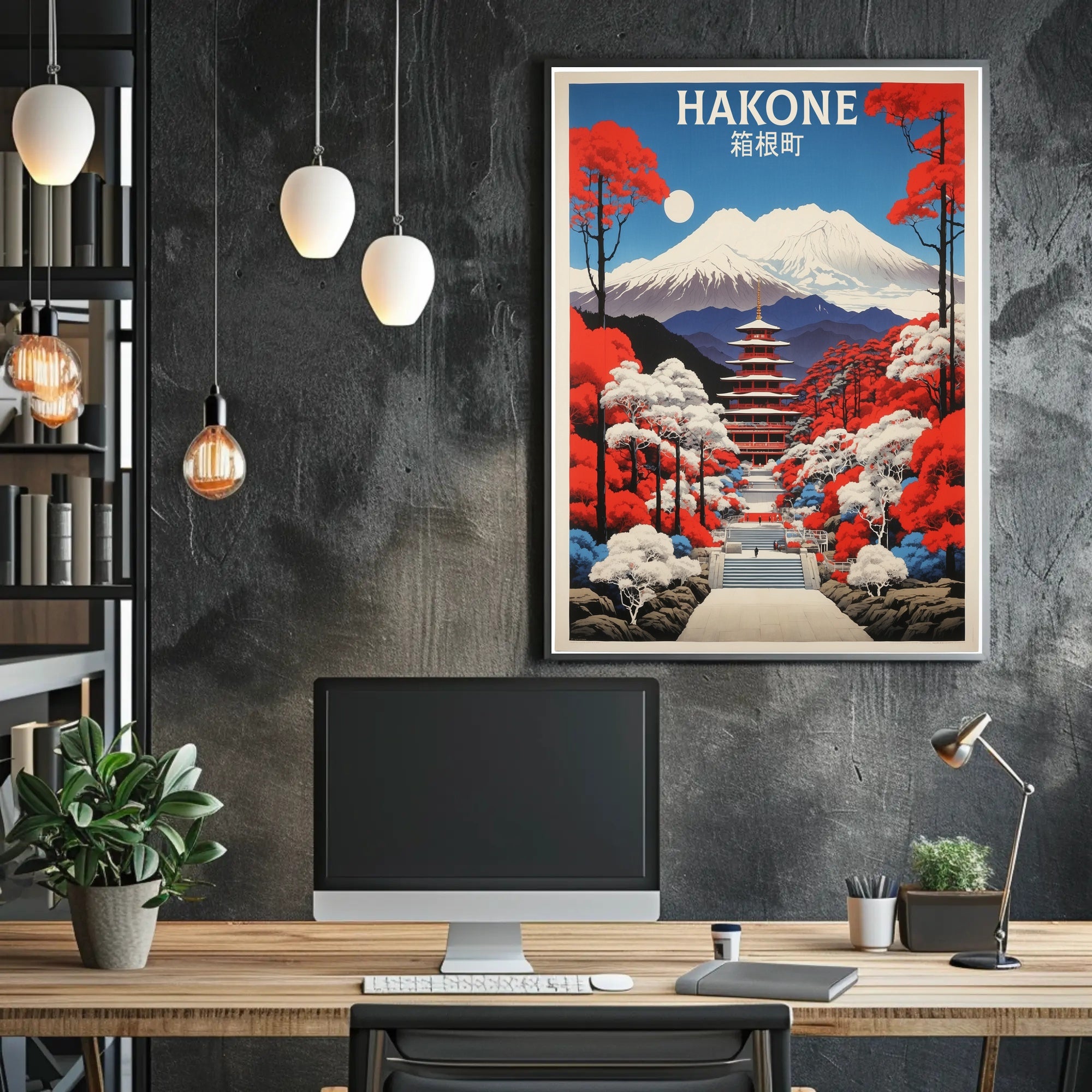 Hakone Vintage Travel Art with Pagoda and Mountains Poster PosterGoat